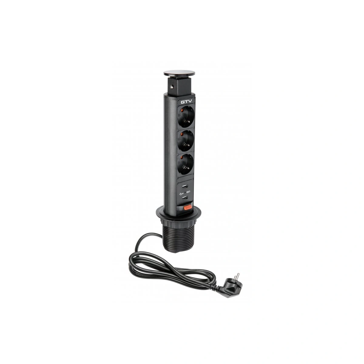 Przedłużacz biurkowy kolumnowy wpuszczany 3xSCHUKO+2xUSB IP20, czarny [śr.60mm] [z przewodem z wtyczką 1,5m]